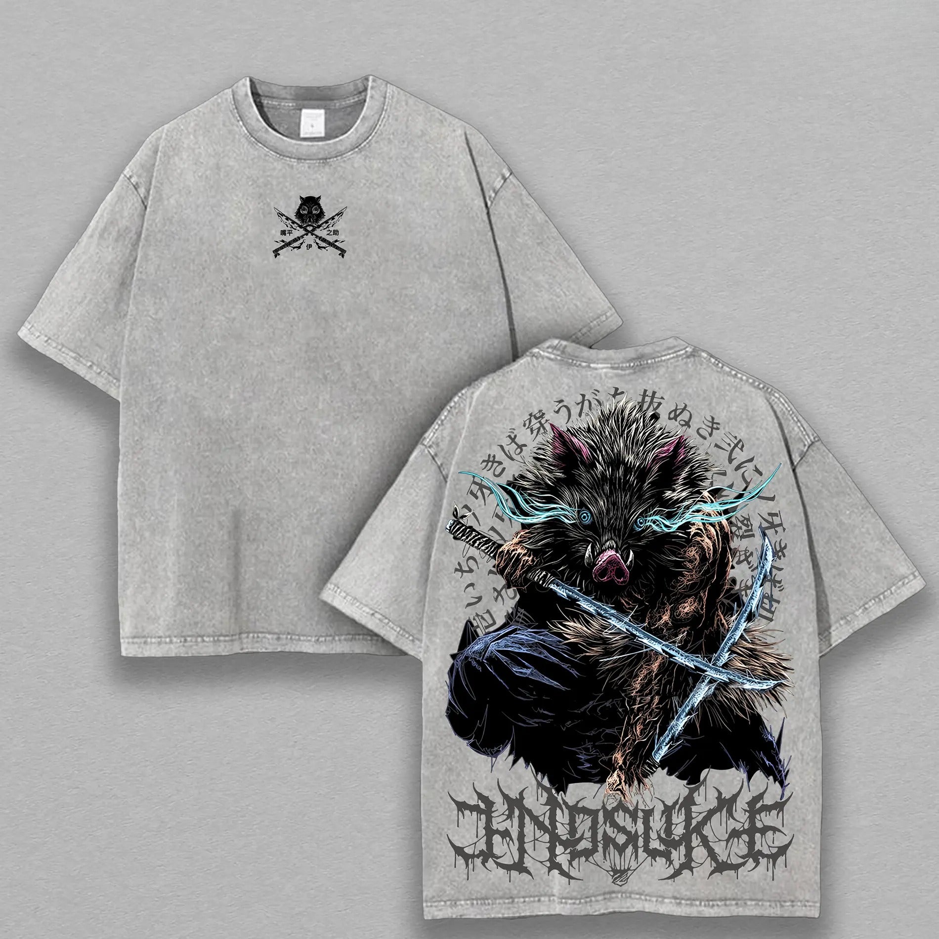 Demon Slayer Mens T-shirt, Inosuke Hashibira Shirt Tanjiro Kamado Tee Printed Kaos Short Sleeve Shirt Casual, Vintage Washed Tee Unisex Oversize Anime Manga Washed Heavyweight Cotton T-shirt