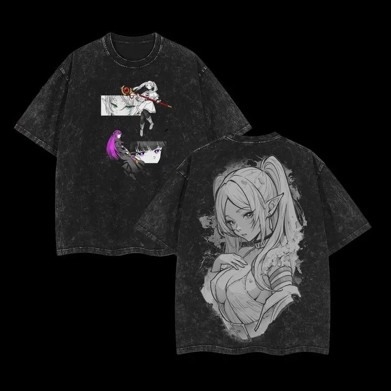 Frieren × Fern Frieren: Beyond Journey's End Anime Double Printed Vintage Washed Tee Unisex Oversize Anime Manga Washed Heavyweight Cotton T-shirt boyfriend  tees wicked  merchandise