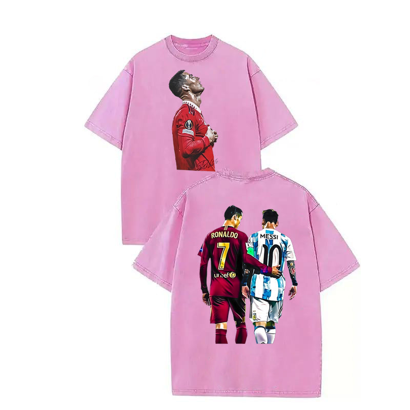 Double Ball King Cristiano Ronaldo double-sided printed short sleeved retro distressed washed American street style T-shirt