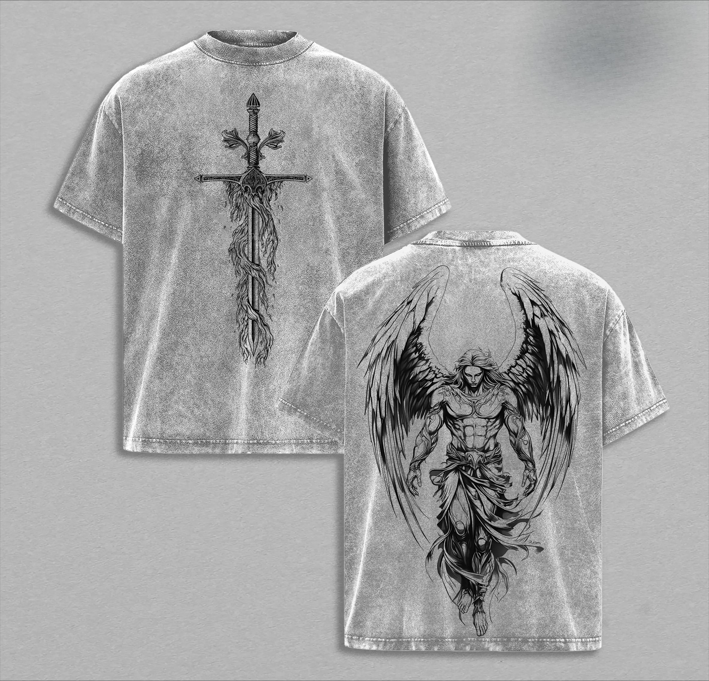 Saint Michael The Archangel x Flaming Sword T-Shirt Washed Christian Shirt, Aesthetic Clothes ,Scales of Justice , Jesus Tees, Christian Merch, Archangel Michael Tees ,Outfit Church