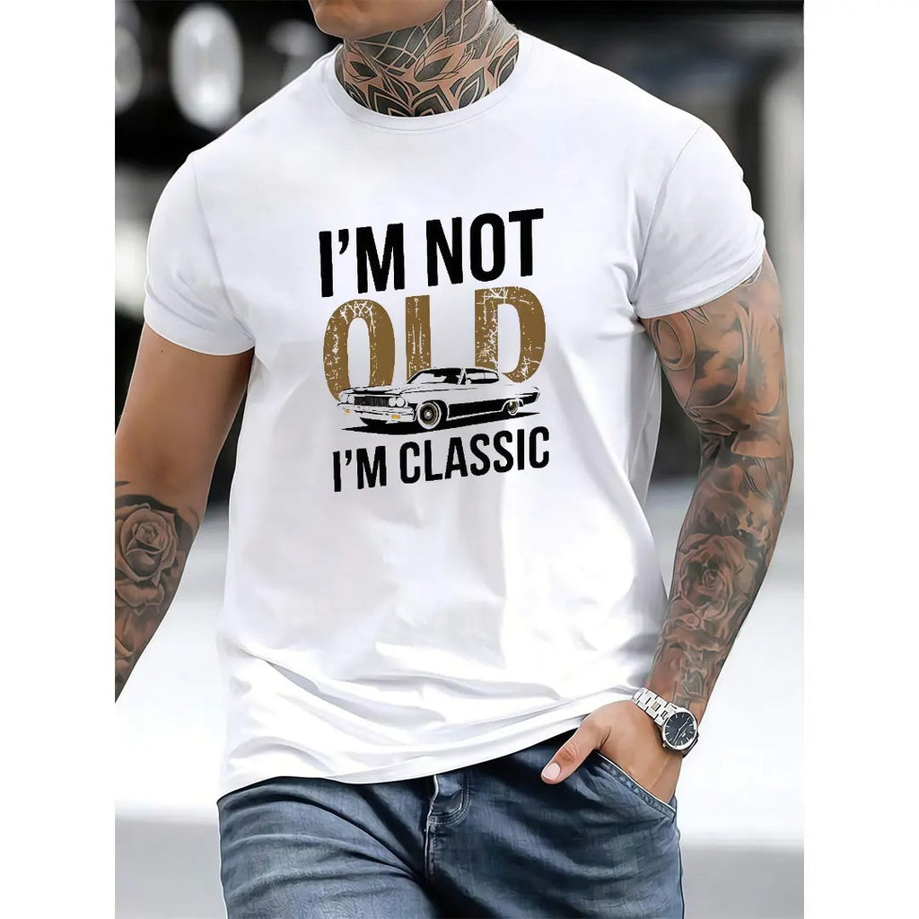 Men's "I'm Not Old, I Am Classic" Pattern T-shirt- Soft Cotton, Casual Crew Neck, Short Sleeve, Vintage Car Print-Durable and Breathable, Suitable for Casual Wear
