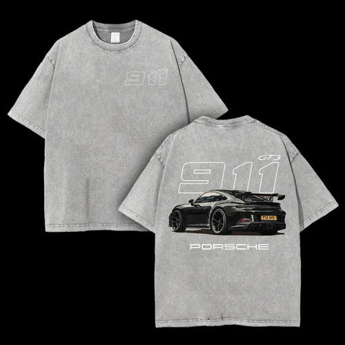 911 GT3 Racing Tshirt Unisex Fit Washed Cotton T-Shirt Oversize Menswear Tops  Streetwear Round Neck Tshirt