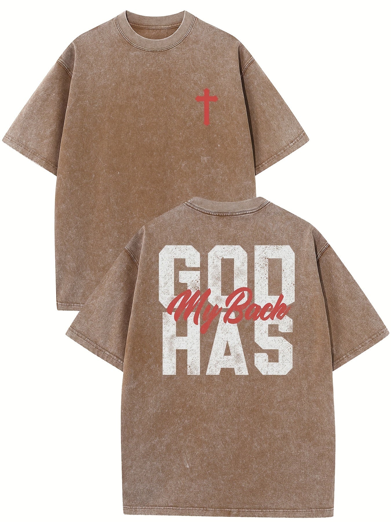 God Has My Back Vintage Washed High Quality Cotton Graphic T-shirt Men's T-shirt Do Old Summer Clothing Drop Shoulder Sleeve Round Neck Top Short Sleeve
